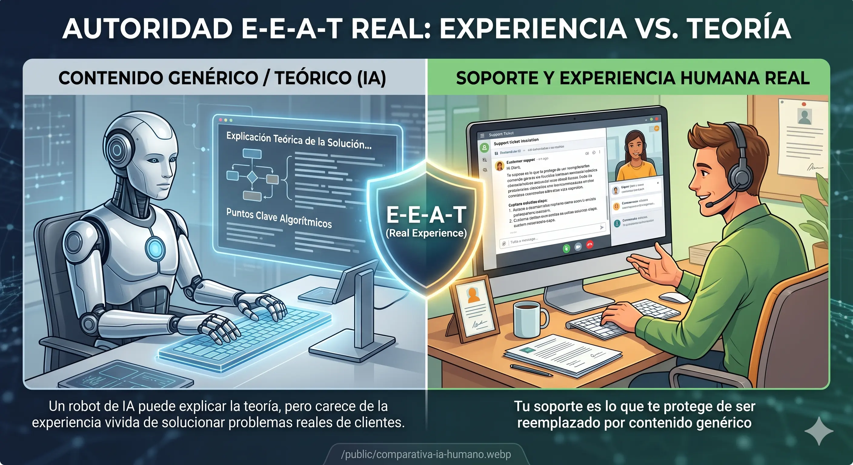 Comparativa visual entre contenido de IA genérico y autoridad real ALON